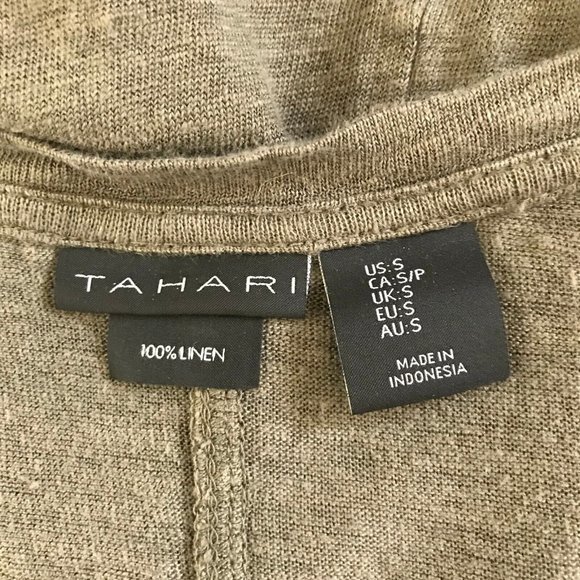 Tahari T-shirt 100% Linen Small Olive Green Asymmetrical V-Neck Knit Blouse - Picture 6 of 7